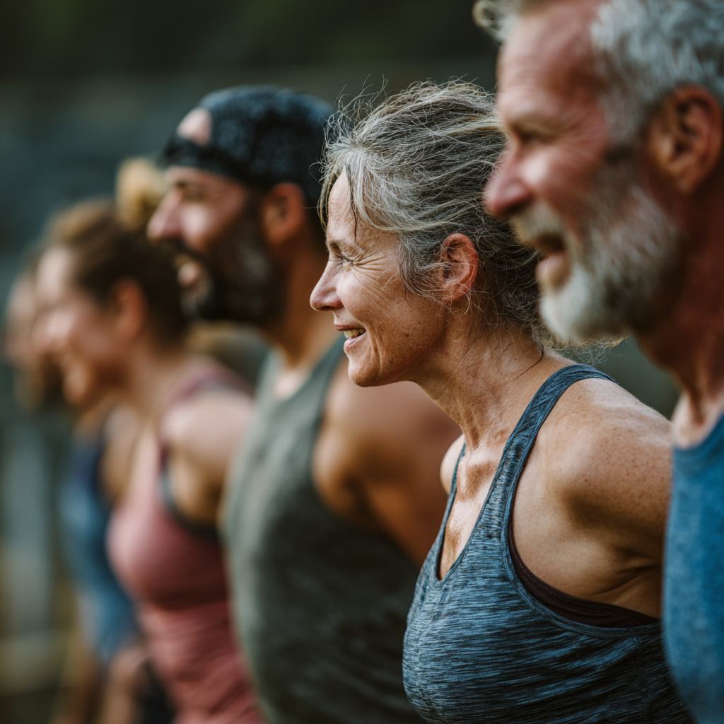 Active middle-aged adults training together in natural outdoor environment