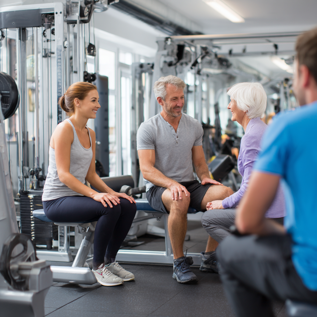 Experienced fitness professionals working with adults of various ages in modern training facility